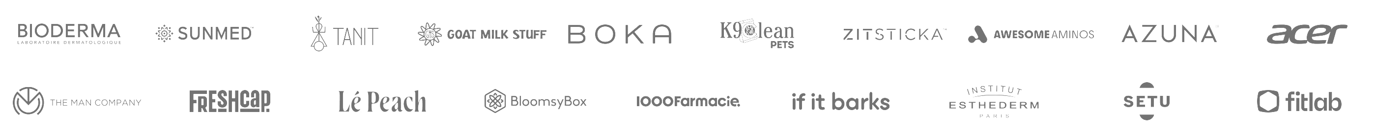 Logos of DTC brands RetainUP has worked with, including Bioderma, SunMed, TANIT, Goat Milk Stuff, Boka, K9Clean, ZitSticka, Awesome Aminos, Azuna and Acer