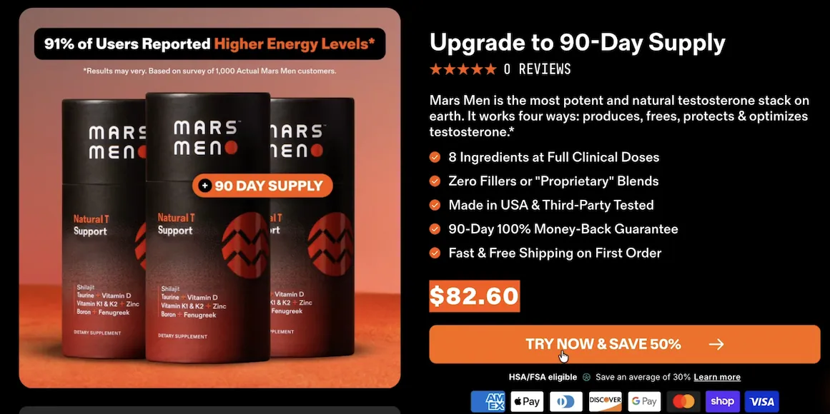 Mars Men post-purchase upsell: upgrade to 90-day supply for $82.60