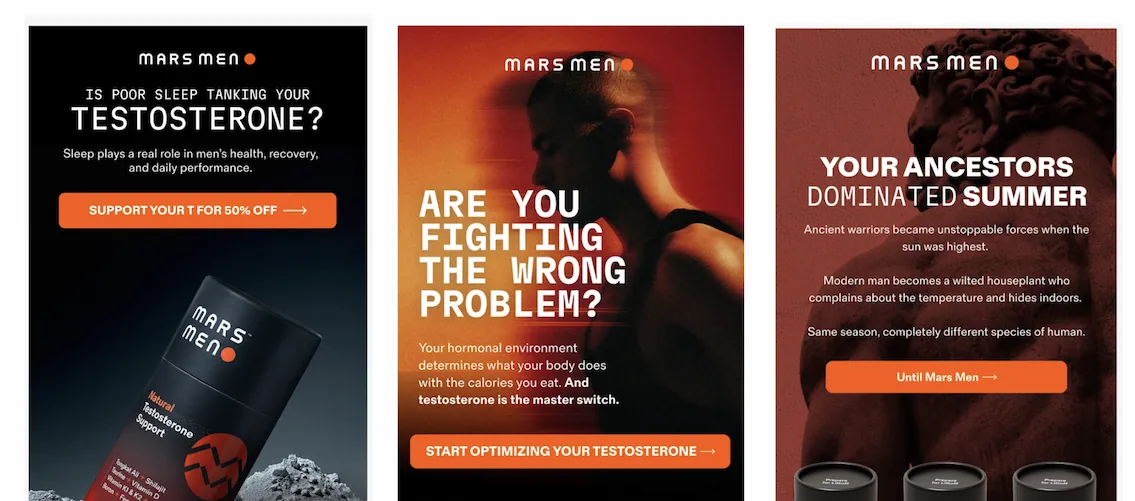 Three Mars Men pre-purchase emails, each leading with a problem rather than the product