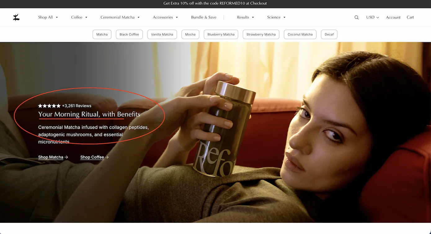 Reformed homepage: Your Morning Ritual, with Benefits