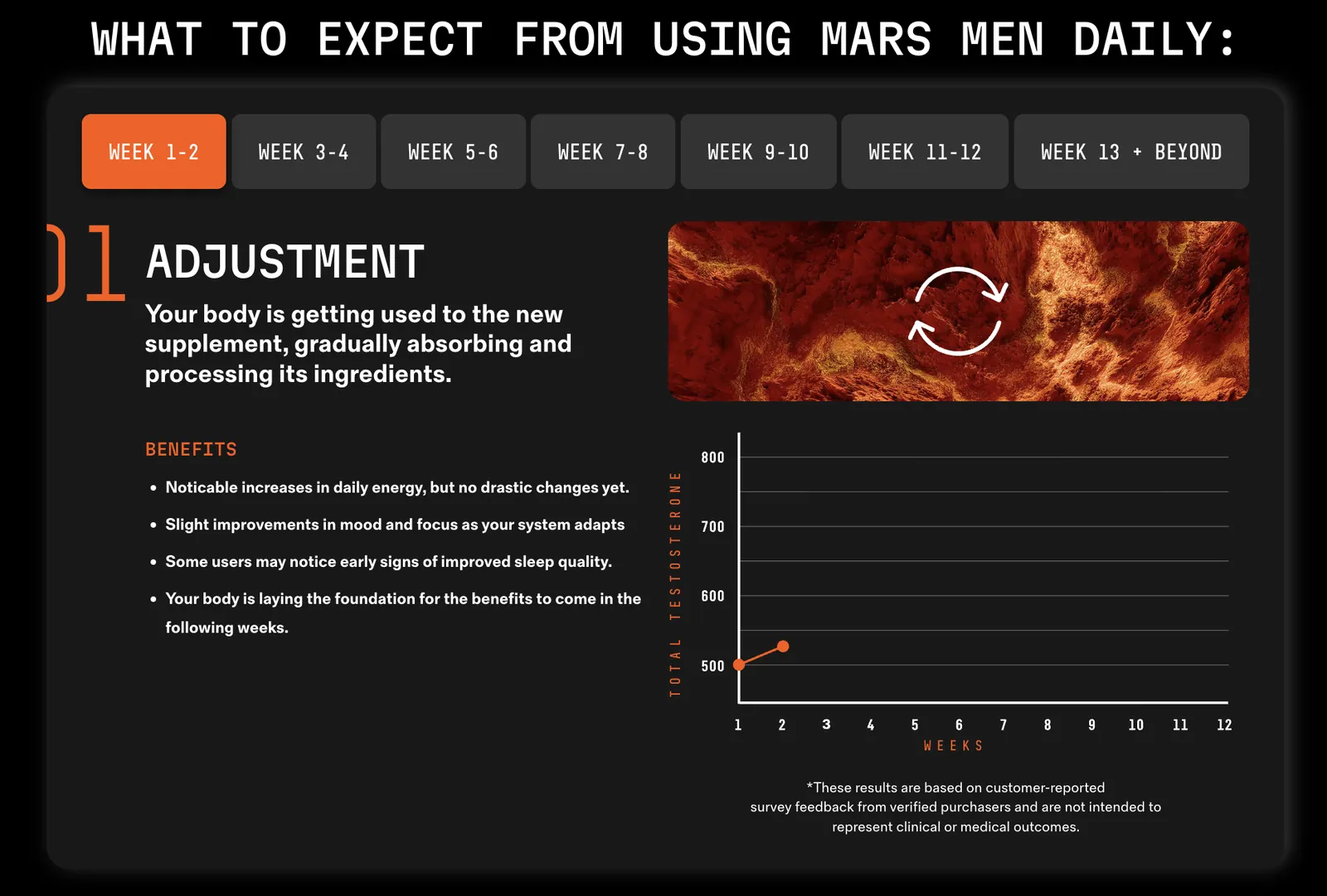 Mars Men what to expect page, broken into week 1-2 through week 13 and beyond
