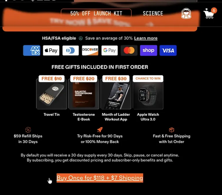 Mars Men product page: free gifts included in first order, and a buy once option at $118 plus $7 shipping