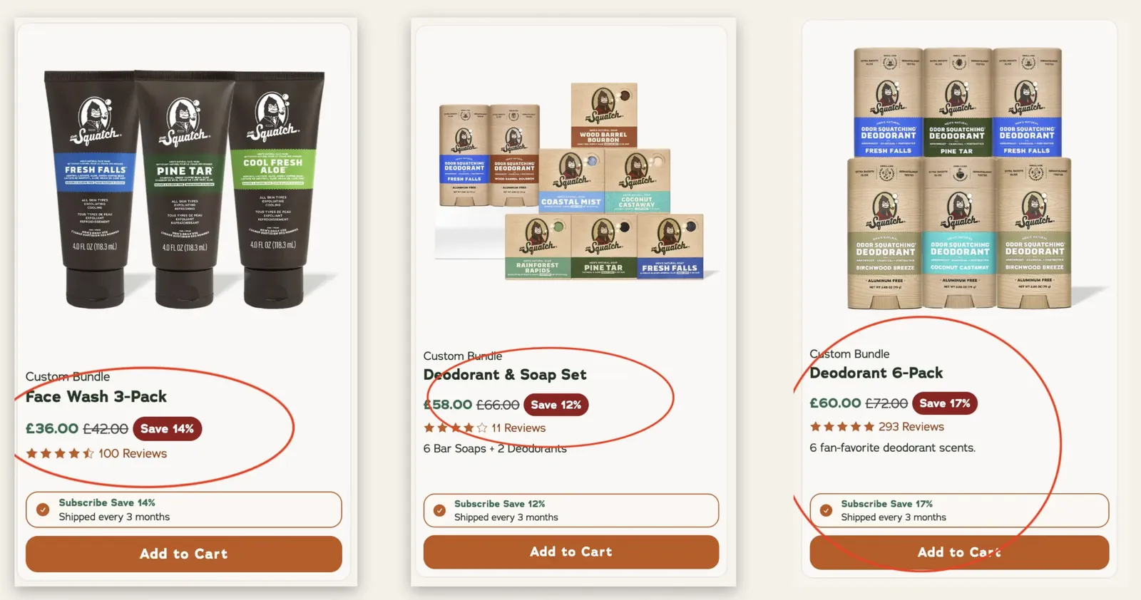 Three Dr. Squatch bundles that save 14%, 12% and 17%