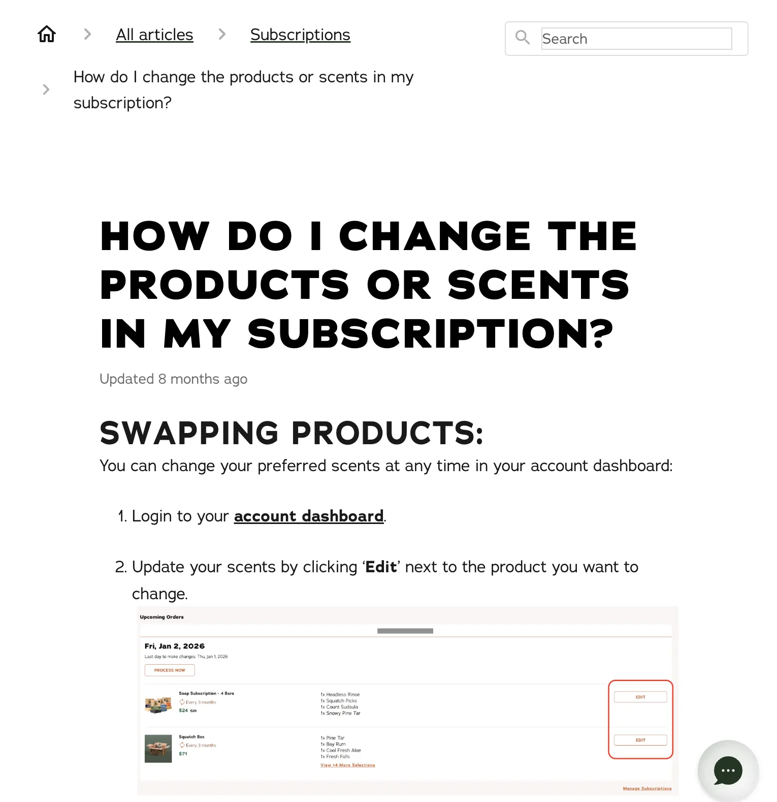 Dr. Squatch help article on changing scents, with the subscription dashboard and its Edit buttons
