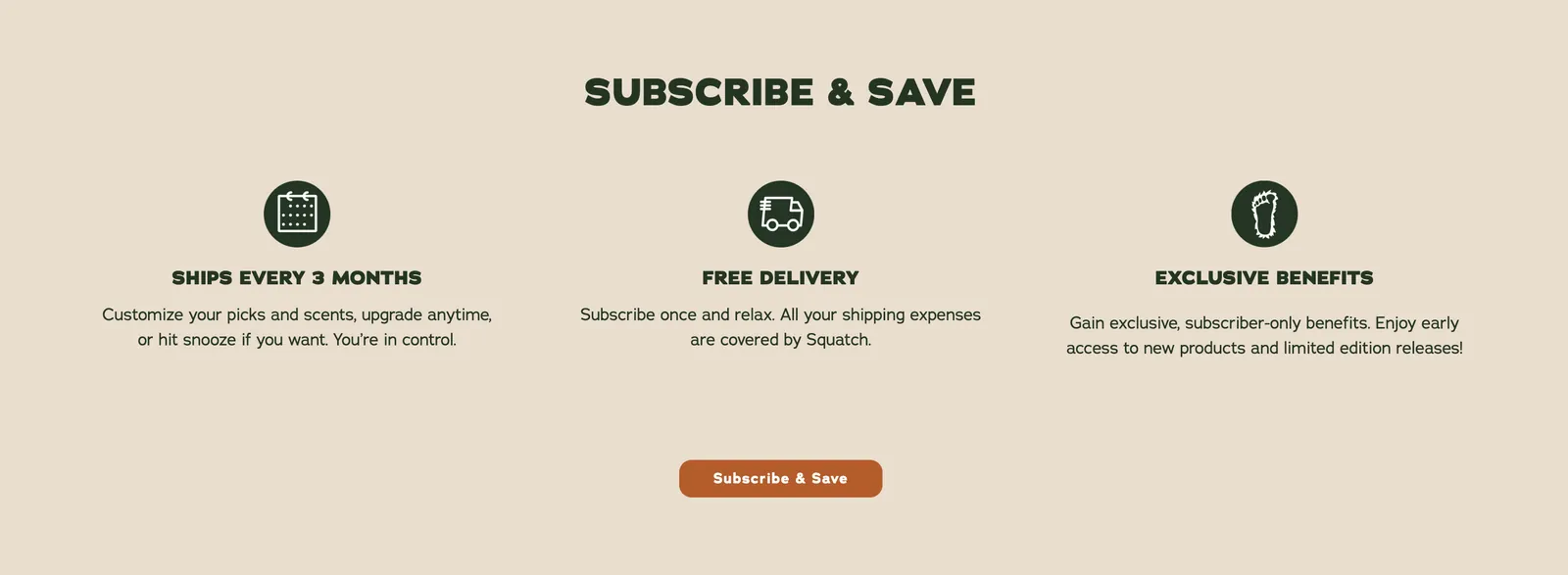 Dr. Squatch Subscribe and Save page: ships every 3 months, free delivery, early access to new products