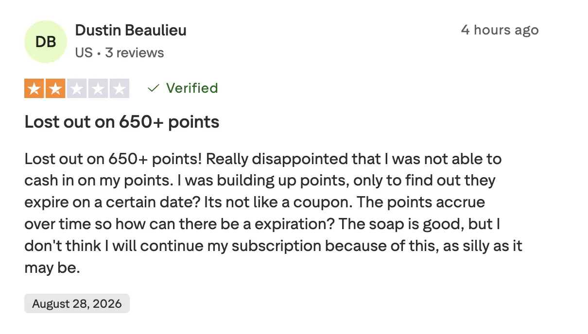 Trustpilot review of Dr. Squatch: lost out on 650+ points to expiry