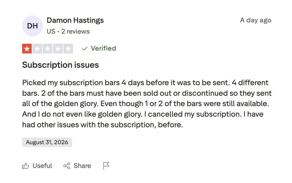Trustpilot review of Dr. Squatch: picked scents sold out and Golden Glory shipped instead