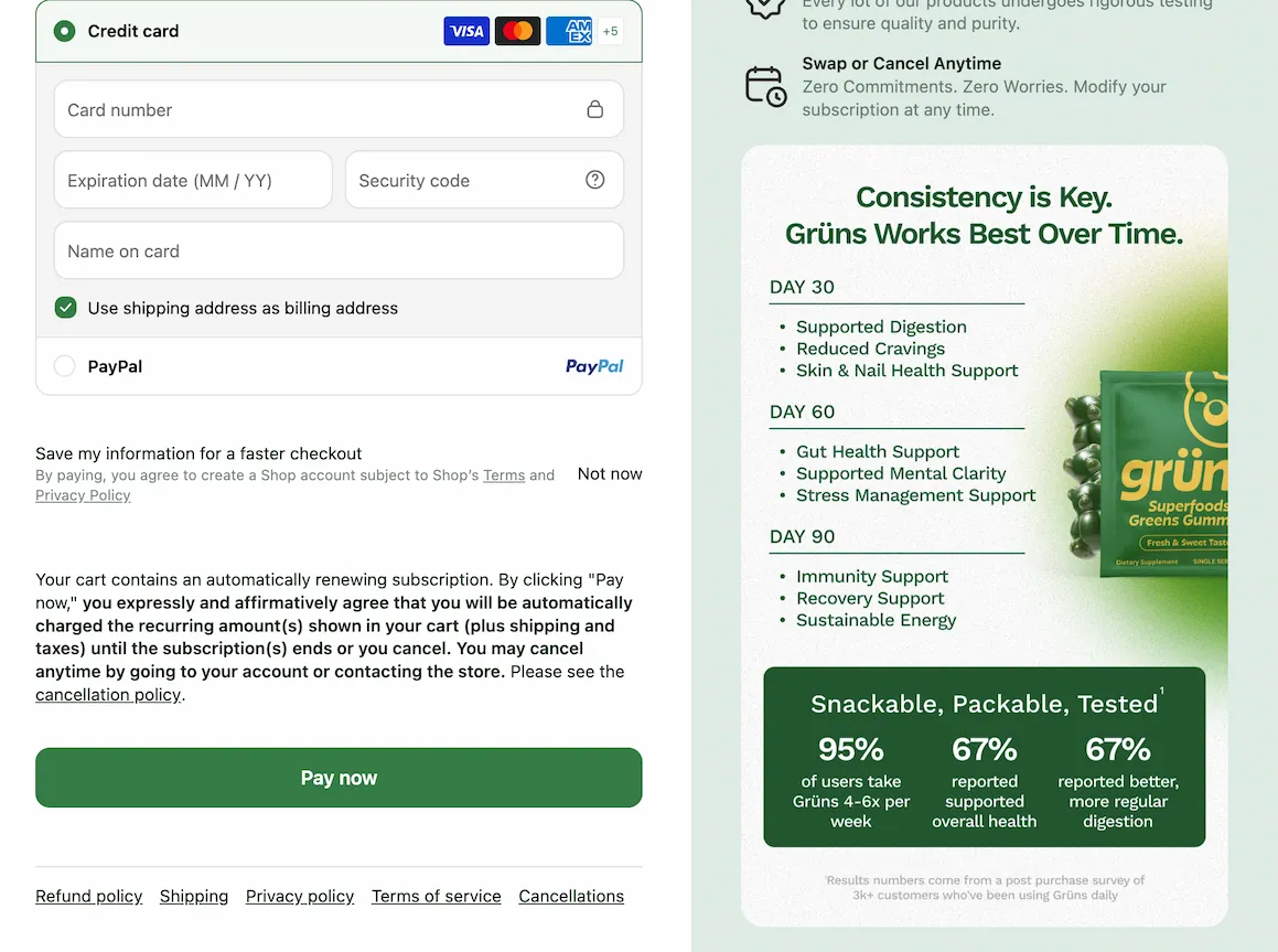 Grüns checkout page showing day 30, day 60 and day 90 results beside the payment form