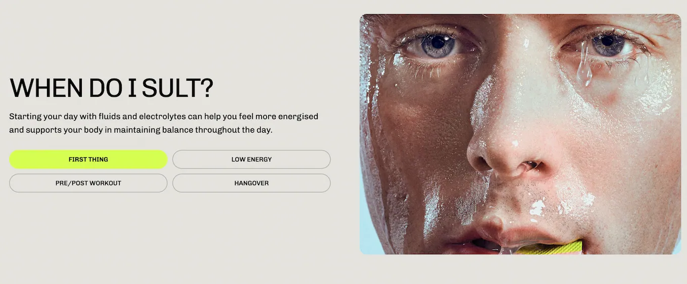 SULT product page: When do I SULT? First thing, Low energy, Pre and post workout, Hangover