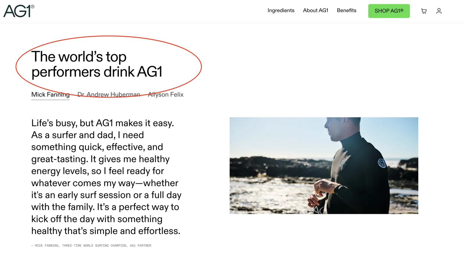 AG1 page headline, the world's top performers drink AG1, with a surfer describing his morning