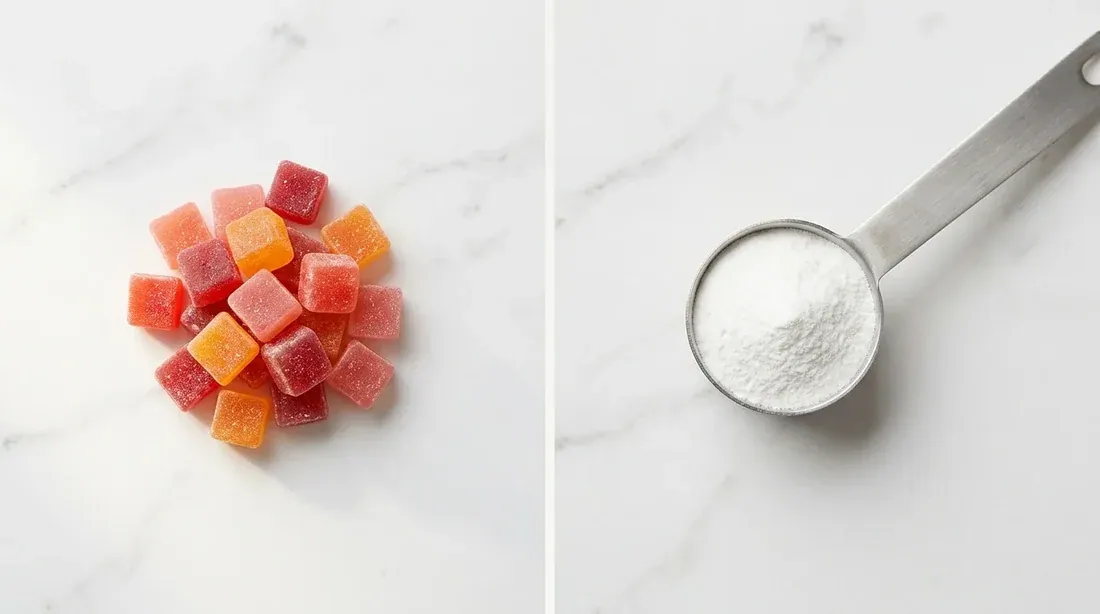 Grüns gummies beside a scoop of powder, a format that needs no instructions
