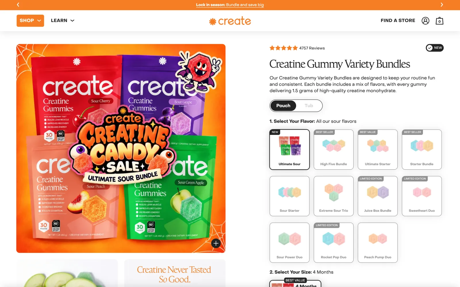 Create creatine gummy variety bundles page showing 11 bundle options to choose from