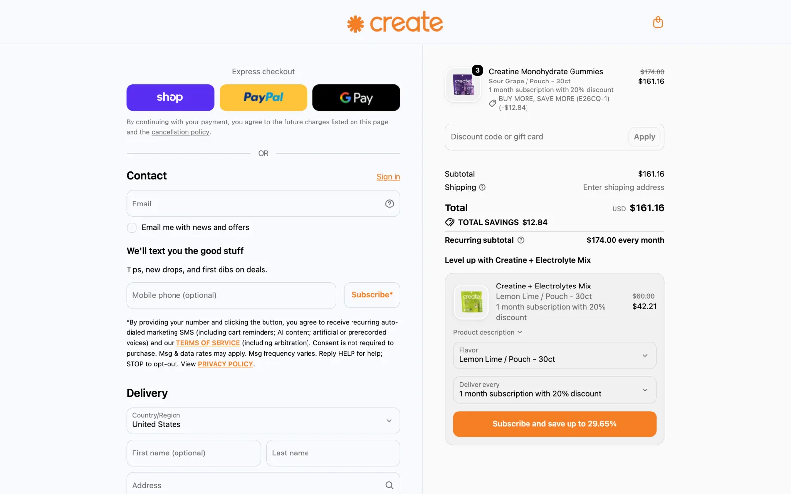 Create checkout showing a total of $161.16 today and a recurring subtotal of $174.00 every month