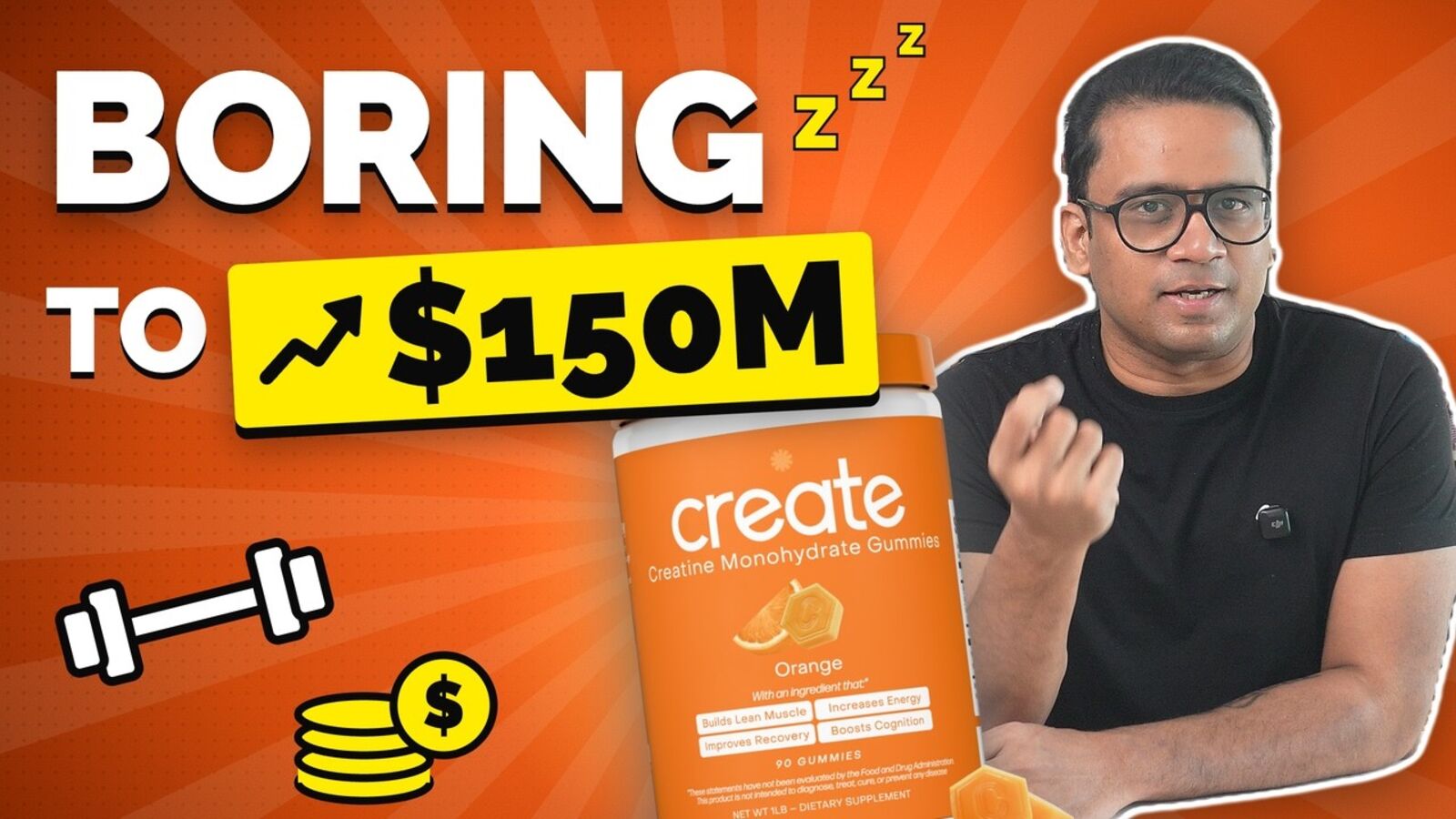 Rahi Jain with a tub of Create creatine gummies and the words Boring to $150M
