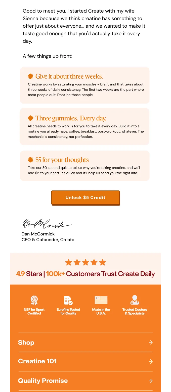 Create welcome email from founder Dan McCormick with a Take the Quiz button, a $5 credit and the line Give it about three weeks