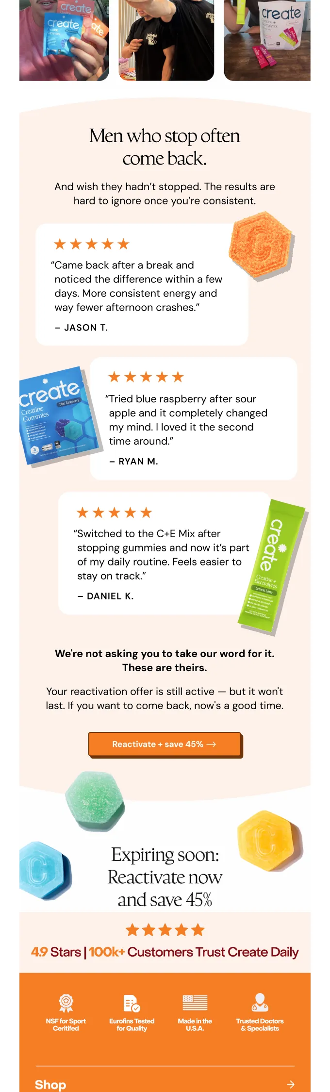 Create winback email titled They stopped. They started again, with photos and reviews from subscribers who came back and a 45% reactivation offer
