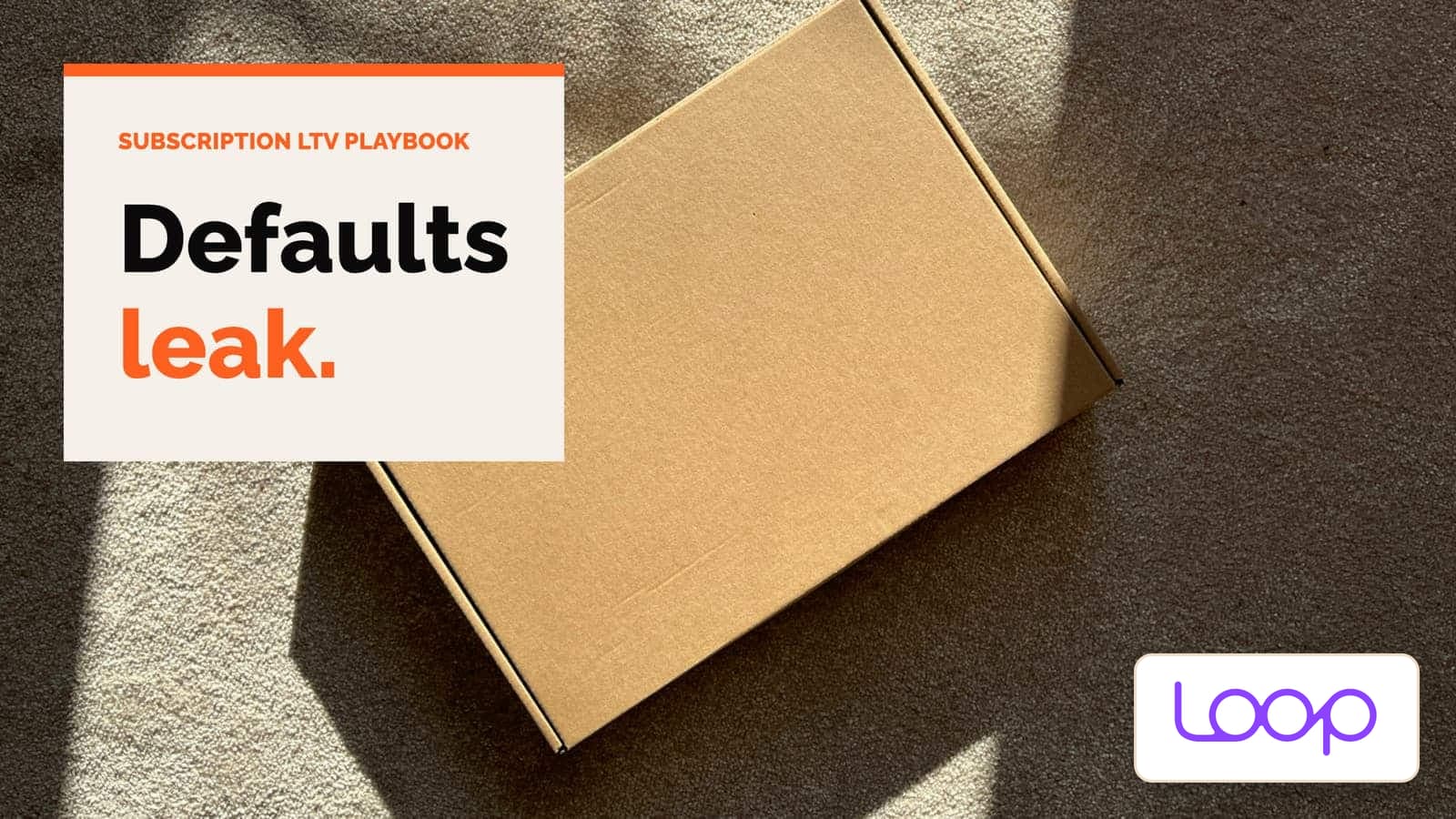 A plain cardboard shipping box on a carpet in sunlight, with a cream panel reading Defaults leak