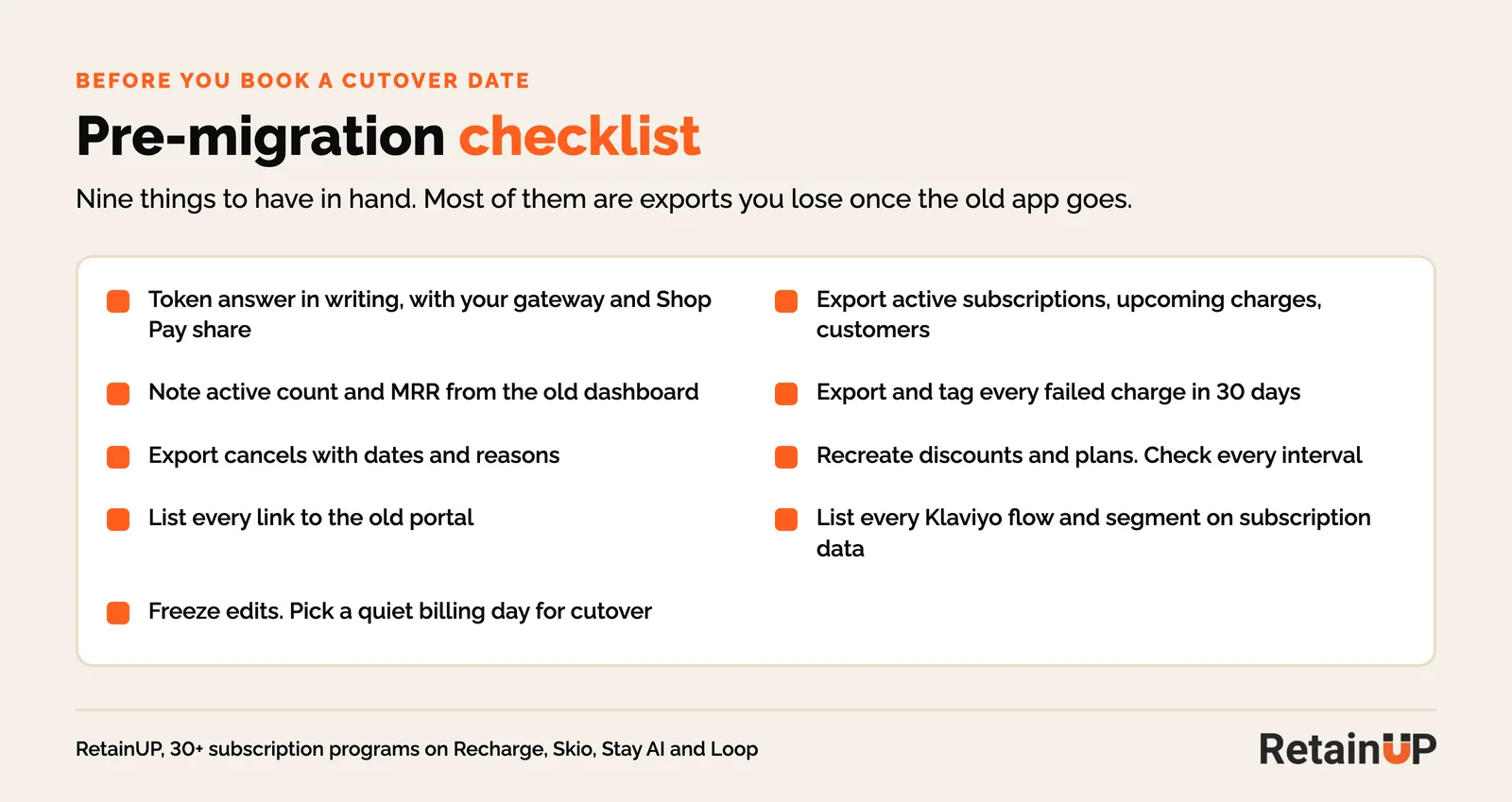 Pre-migration checklist for switching Shopify subscription apps without losing subscribers