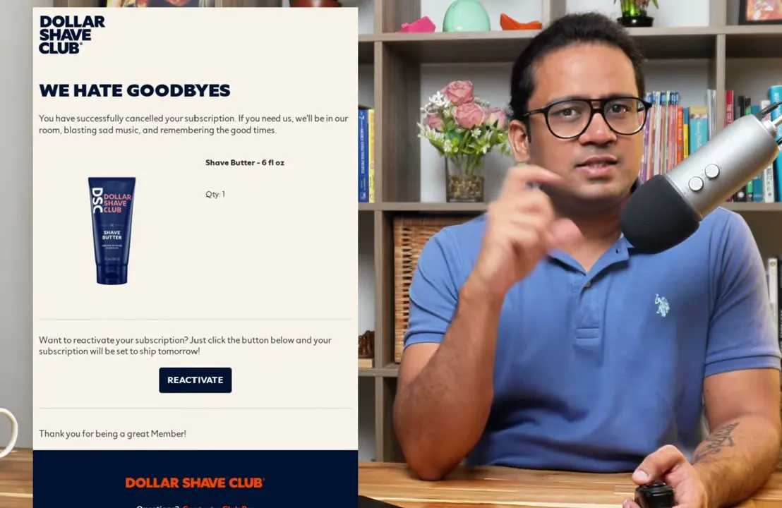 Dollar Shave Club cancel confirmation email with the line we hate goodbyes