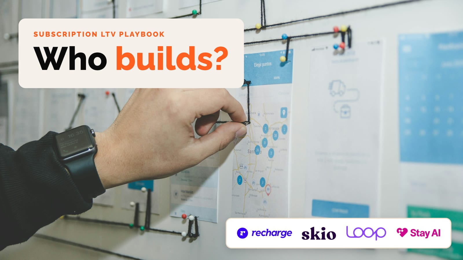 Hand pinning app wireframes to a planning wall, with Recharge, Skio, Loop and Stay AI logos and the hook Who builds?